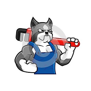 Muscular dog holding a wrench as a plumber or worker, dog character cartoon