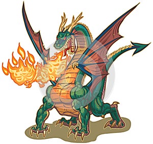 Muscular Dragon Breathing Fire Vector Illustration