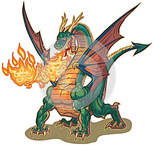 Muscular Dragon Breathing Fire Vector Illustration photo