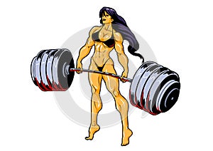 Muscular fitness girl in bikini with barbell photo