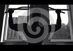 Muscular guy working out in the gym, creative photo, black white, muscle silhouette, beautiful body, physique, relief, sexy guy