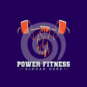 Muscular hand lifting barbell body builder sport emblem logo. Fitness, gym, exercise vector illustration