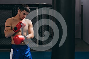 Muscular hardworking fighter practicing with punching bag indoor.