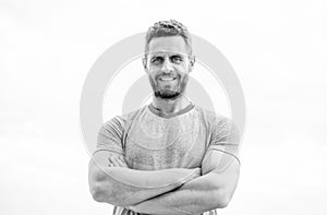 Muscular male with beard. happy man isolated on white. sportsman with athletic body. coach in fitness gym. after workout