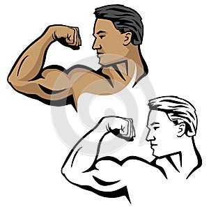 Muscular male flexing bicep arm muscle, pose with head sideways, vector illustration