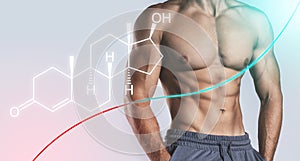 Muscular male torso and testosterone formula. Concept of hormone increasing methods.