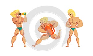 Muscular Man Beach Lifeguard Ensuring Safety, Professional Rescuer Character in Action Set Cartoon Vector Illustration