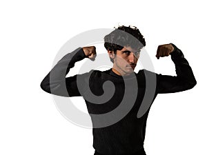 Muscular man in black sweater flexing