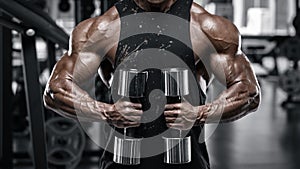 Muscular man bodybuilder working out in gym. Strong man doing exercise