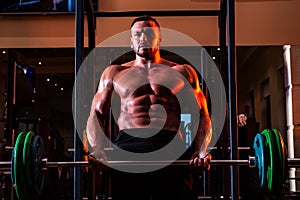 Muscular man doing biceps lifting barbell. Portrait of athletic man without a shirt with dumbbells. Shirtless man man