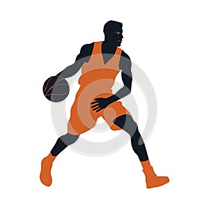Muscular man dribbling ball in basketball sports