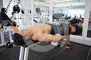 Muscular man exercising with dumbbells in gym