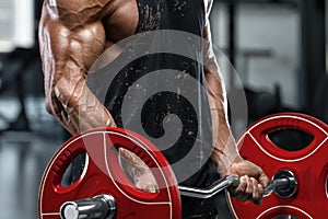 Muscular man in gym doing exercises for biceps, working out. Strong bodybuilder male