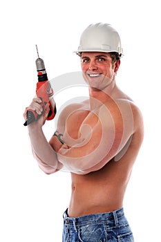 Muscular Man Holding Drill