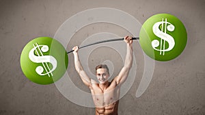 Muscular man lifting green dollar sign weights