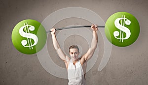 Muscular man lifting green dollar sign weights