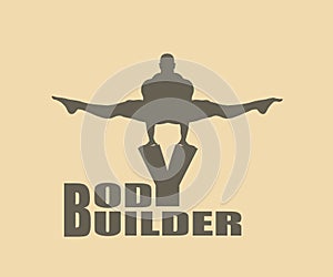 Muscular man posing on bodybuilder word. Vector silhouette