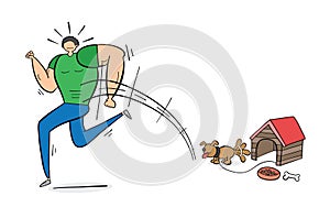 Muscular man scared of small dog and running away, hand-drawn vector illustration. Black outlines and color