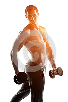 Muscular man showing perfect body with dumbbells, isolated on white