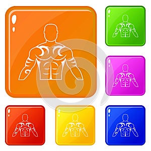 Muscular man with tattoo icons set vector color