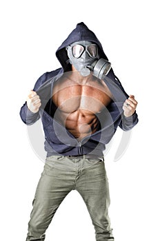 Muscular man wearing antigas mask, naked ripped torso