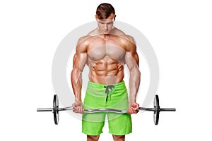 Muscular man working out doing exercises with barbell at biceps, strong male naked torso abs, isolated over white background