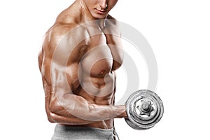 Muscular man working out doing exercises with dumbbells at biceps, strong male naked torso abs, isolated