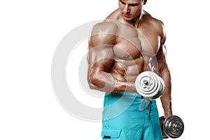 Muscular man working out doing exercises with dumbbells at biceps, strong male naked torso abs, isolated over white background