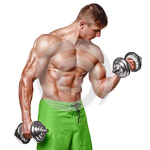 Muscular man working out doing exercises with dumbbells at biceps, strong male naked torso abs, isolated over white background