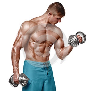 Muscular man working out doing exercises with dumbbells at biceps, strong male naked torso abs, isolated over white background