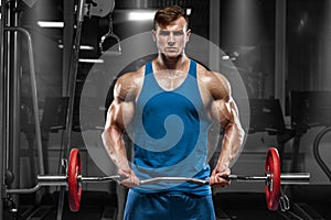 Muscular man working out in gym doing exercises with barbell at biceps, strong male