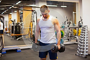 Muscular man working out in gym doing exercises with dumbbells at biceps