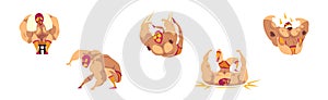 Muscular Man Wrestler in Different Pose and Action Vector Set