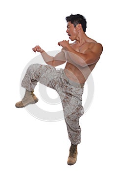 Muscular Marine in Karate Stance in Uniform