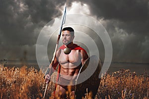 Muscular medieval warrior standing in the field