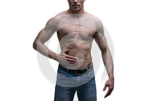 Muscular middle-aged man posing on white background, isolated studio shot