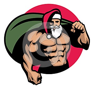 Muscular Santa claus bring a bag full of christmas gift photo