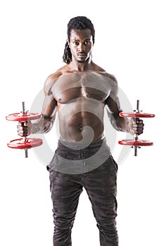 Muscular shirtless young black man exercising biceps