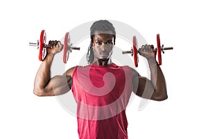 Muscular young black man exercising biceps