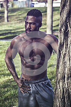 Muscular Shirtless Black Man in Park