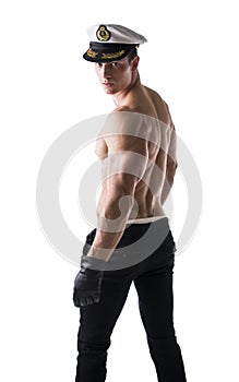 Muscular shirtless male sailor with nautical hat