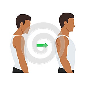 Muscular and skinny man, Weight loss concept. Man before and after workout with better back posture. Flat vector