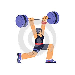 Muscular sportswoman lifting barbell flat cartoon vector illustration isolated.