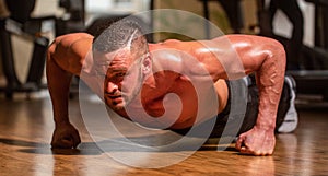 Muscular and strong guy exercising. Slim man doing some push ups a the gym. Man doing push-ups