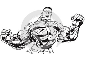 Muscular torso bodybuilder poses with big arms
