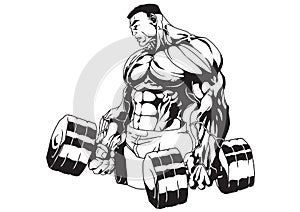 muscular torso bodybuilder with two heavy weights dumbbells