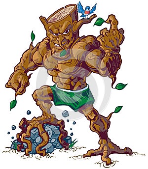 Muscular Tree Mascot Crushing Rock Vector Illustration