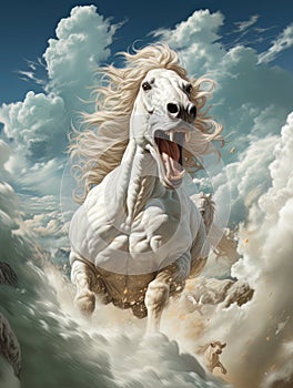 Futuristic predatory white horse with big muscles gallops in heavens. AI