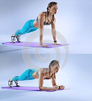 Muscular woman on a plank position use fitness gum. Muscular and strong girl exercising.