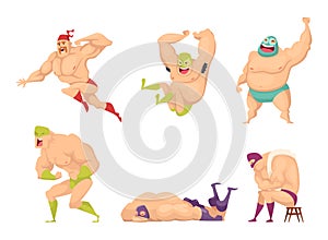 Muscular wrestler. Mma fighter in special costume mexican libre fancy luchador vector people characters isolated